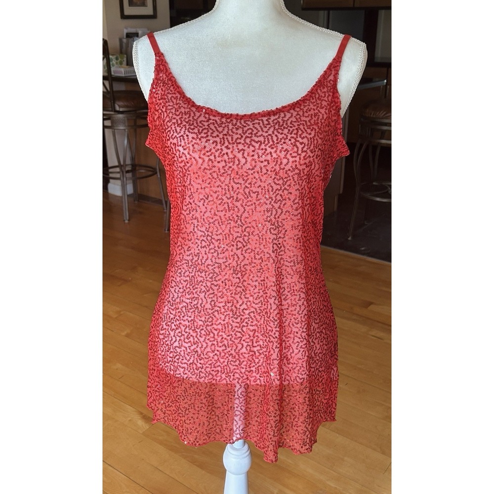 Tunic Tank Top Large Orange Red Sequins Sheer Sleeveless Stretch Mermaid Swiftie